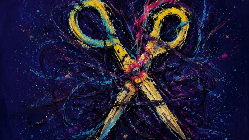 Seized Blades An abstract image of after-hours work anxiety, with jammed scissors showing a night overtaken by o