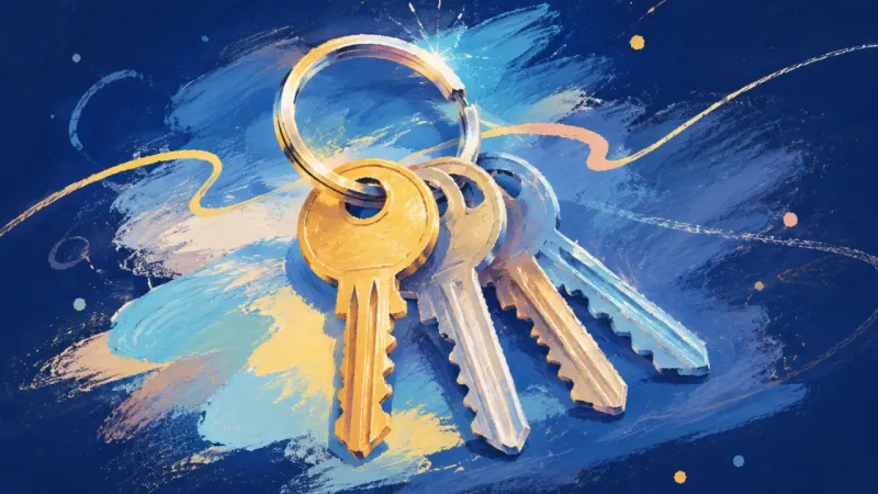Quiet Closure A restored keyring with evenly spaced keys, representing small responsibilities contained in a calm,
