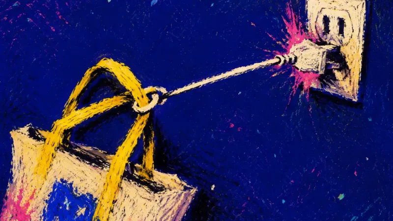 Exit Snag A charger cord snagged around a tote handle as it is pulled from the wrong outlet, capturing a small