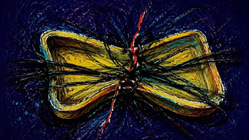 Collapsed Landing Zone An abstract tray warped and choked by chaotic lines, representing rushed mornings, scattered attenti