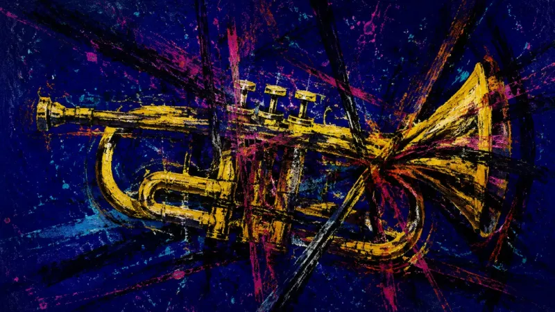 Choked Call An abstract trumpet crushed and tangled by harsh lines, expressing imposter syndrome, visibility anx