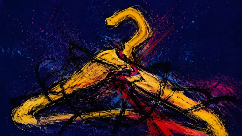 Gridlocked Hanger A warped hanger trapped in a dense snarl, representing decision fatigue and the oppressive limbo of