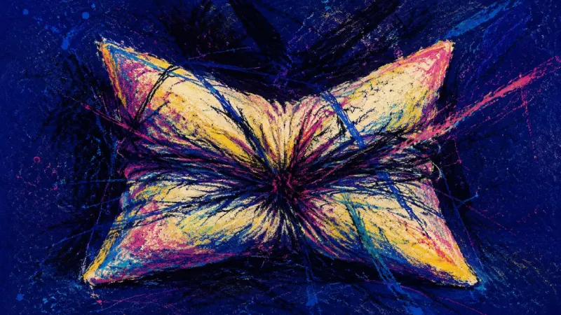 Collapsed Rest A distorted pillow tangled in harsh marks, representing a bed that no longer feels separate from