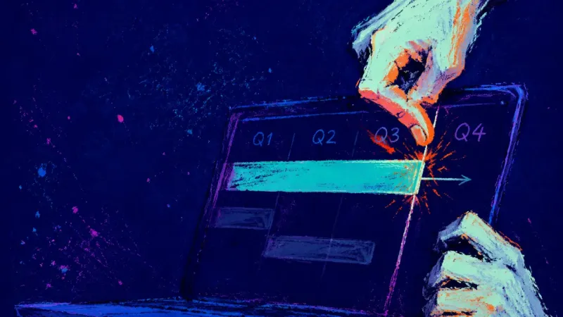 Deferred Horizon A hand keeps moving the same milestone on a laptop timeline, symbolizing anxious attempts to keep an