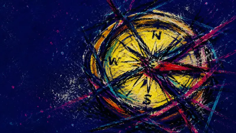 Broken Bearing A distorted compass trapped in chaotic marks, representing the pressure to preserve an outdated