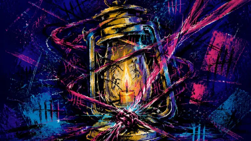 Lantern Under Siege A distorted lantern trapped in dense chaotic lines, representing comparison-driven overthinking and