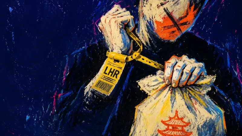 Exit Without Arrival A cropped figure tightens a luggage tag around the wrist while crushing shut a takeout bag, hinting