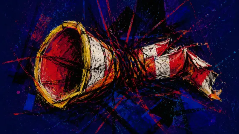 Choked Direction A windsock contorted and trapped in dense tangles, representing the chaos of using relocation fant