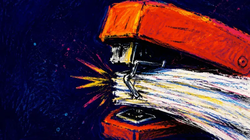 Forced Through A stapler jammed around an overstuffed stack, reflecting the pressure to keep taking on work that no
