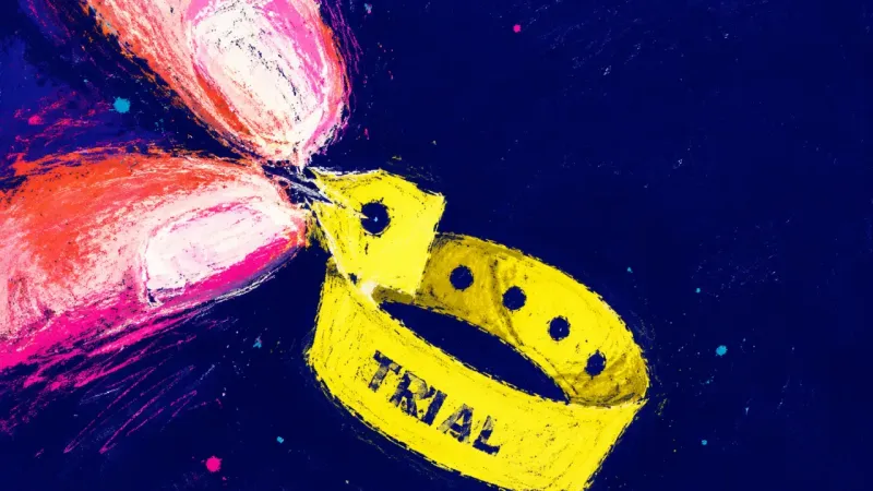 Two fingers keep sealing and peeling open a trial-class wristband, symbolizing how fun starts to bea