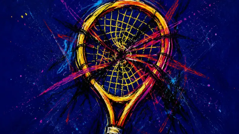 A warped racket tangled in dense crossing marks, representing hobby overthinking, self-judgment, an