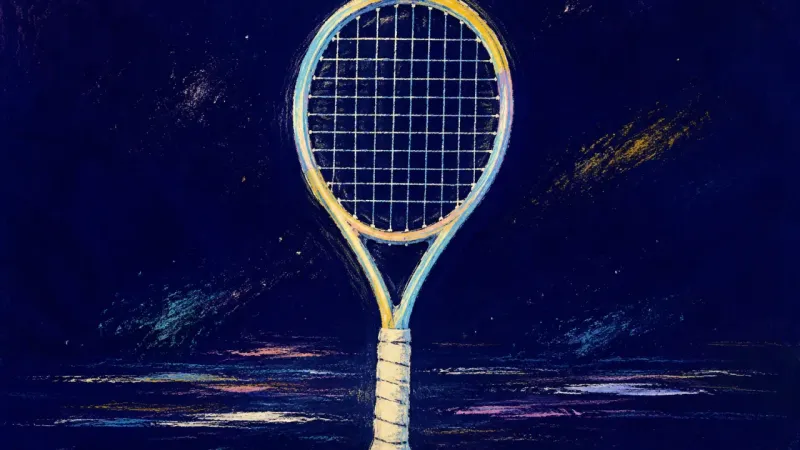 A restored racket with a clean balanced grid, representing hobbies returning to play, lower stakes,