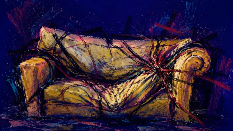 A warped couch crushed by chaotic pressure, symbolizing guilt, blurred boundaries, and the loss of p