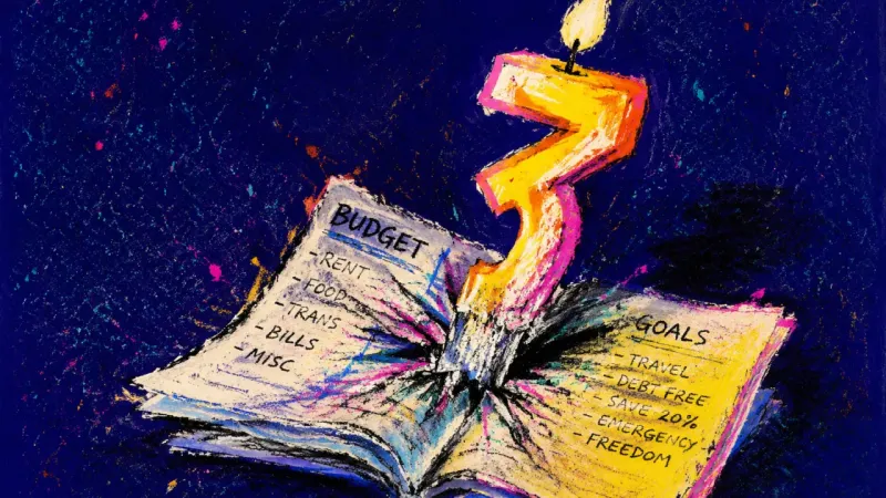 Countdown Verdict A birthday number candle forced through a folded budget sheet, representing milestone panic and the