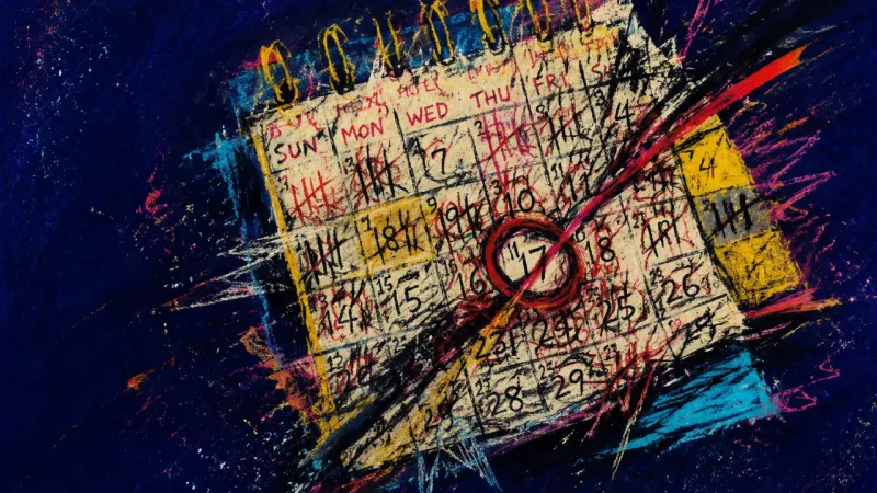 Calendar Under Trial An abstract calendar twisted into a crowded grid, expressing birthday panic, self-judgment, and cr