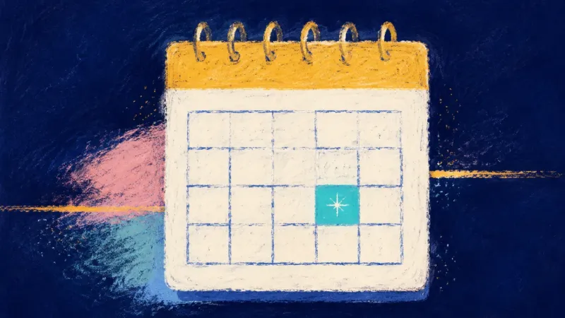 One Clear Square An abstract calendar restored to an orderly grid with one settled date, expressing grounded pacing,