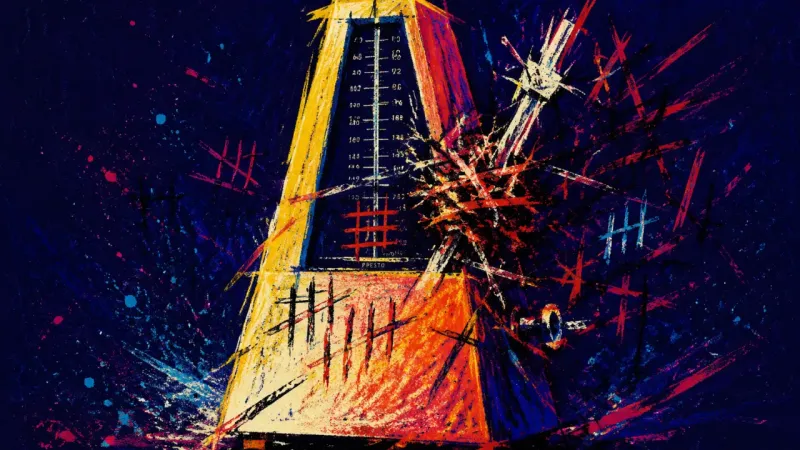 Jammed Tempo A distorted metronome trapped in chaotic marks, representing productivity panic and pressure to stay