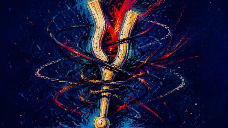 Split Frequency A distorted tuning fork trapped in harsh tangled lines, representing late-night rumination and the