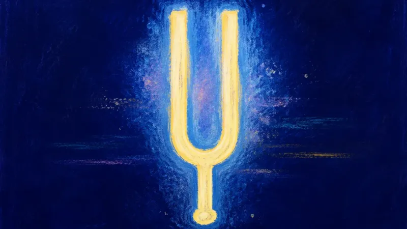 Aligned Signal A realigned tuning fork with clean parallel prongs, representing calmer self-trust and one clear, 1