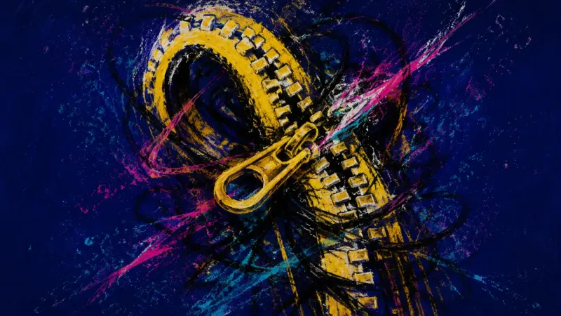 Forced Closure An abstract zipper pulled out of alignment and choked by tangled marks, representing relationship ti