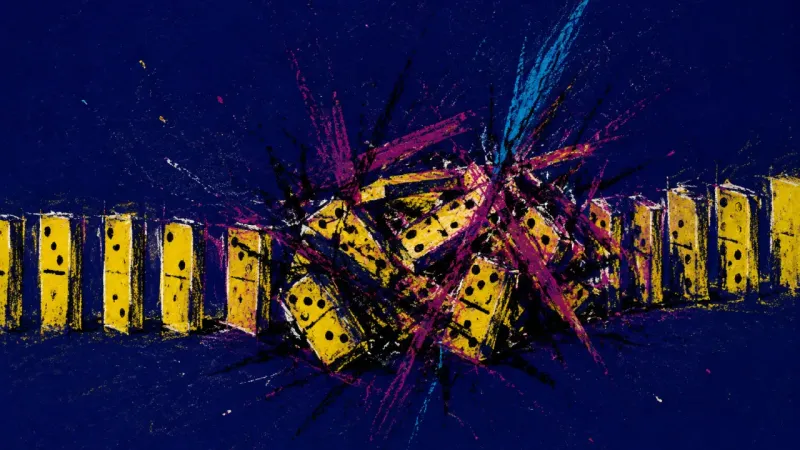 An abstract domino row collapsed into a cramped pile, symbolizing all-or-nothing thinking after one.