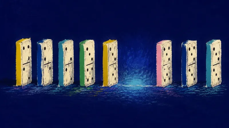 An abstract domino row reset into steady spacing, symbolizing trust in continuing after a timing.