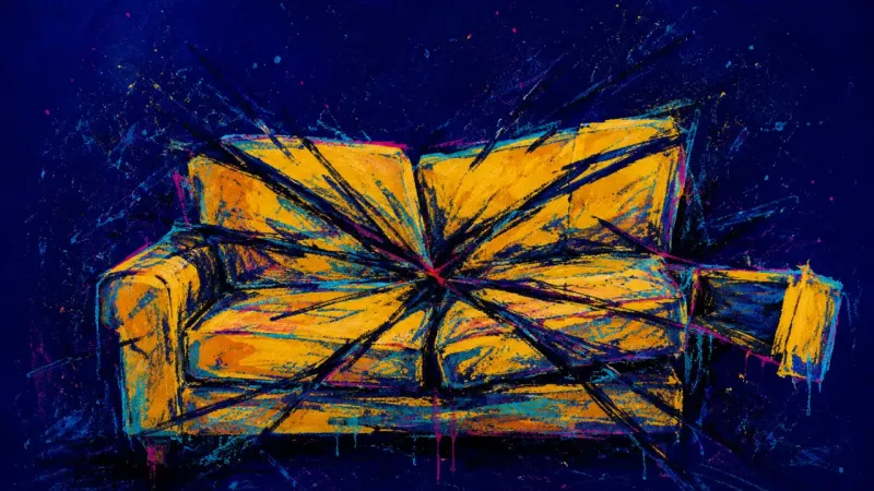 Overextended Welcome An abstract couch crushed by chaotic marks, representing guilt-driven overaccommodation and the loss