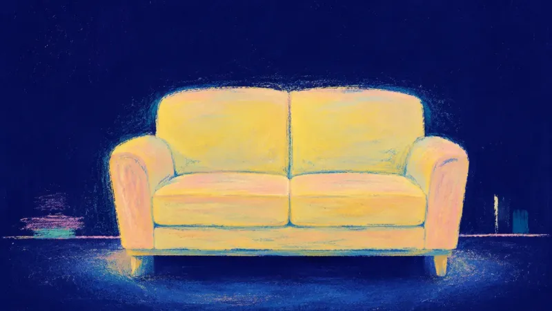 Room To Rest An abstract couch restored to clean balance, representing clear limits, protected rest, and generos,