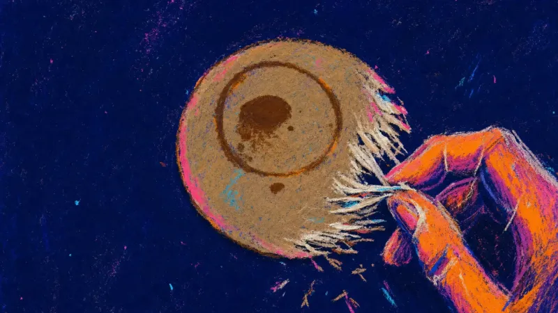 The Frayed Circle A drink coaster peeled into ragged layers under tense fingertips, reflecting the hollow strain of a