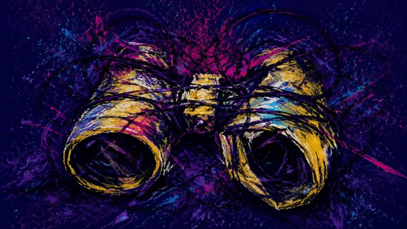 Crushed Focus An abstract portrayal of social loneliness, where warped binoculars suggest hyper-vigilance, compa