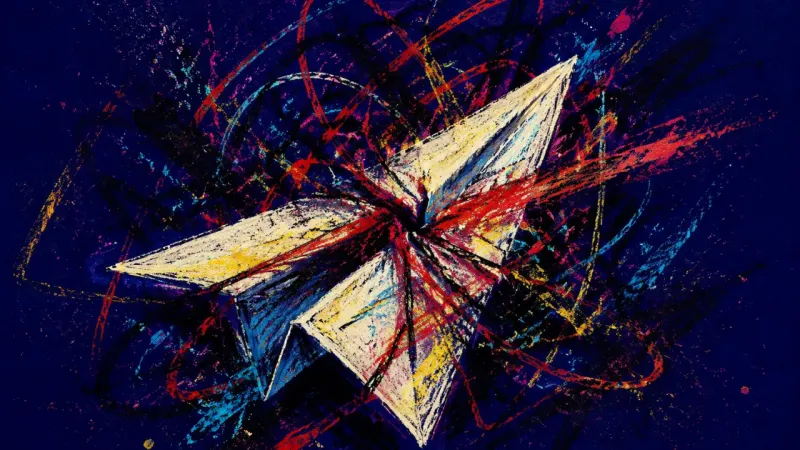 Stalled Flight An abstract paper airplane trapped in distortive lines, representing networking anxiety, self-editi
