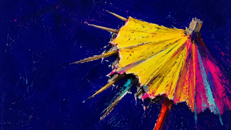 Collapsed Small Talk A cocktail umbrella pinched until its pleated top buckles and splits, symbolizing work happy houran