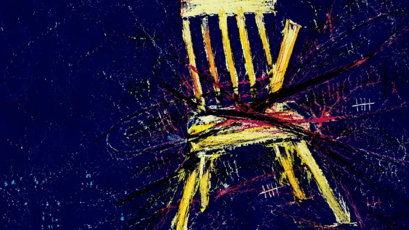 A warped chair trapped in chaotic marks, expressing rejection panic, comparison loops, and the fear