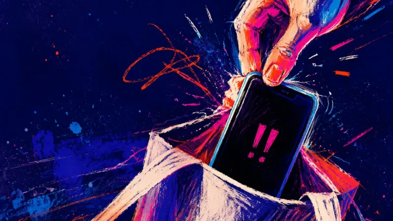 A hand catches a phone mid-drop into a tote, showing the urge to stop checking the group chat whilef