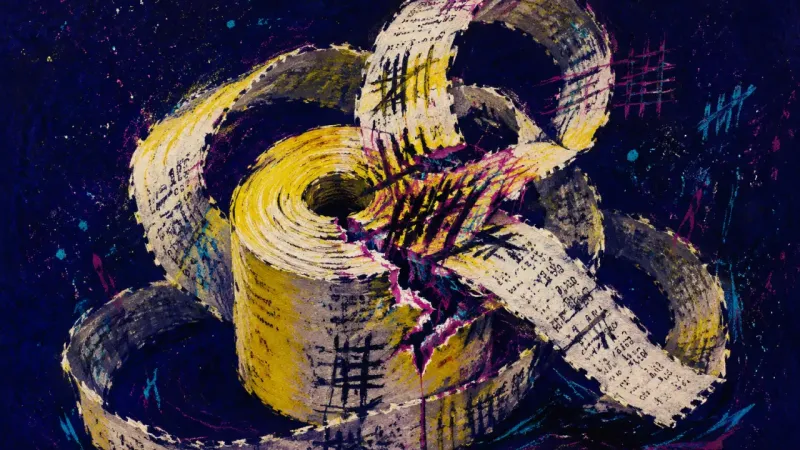A receipt roll tangled into frantic loops, showing friendship overfunctioning, social monitoring, a