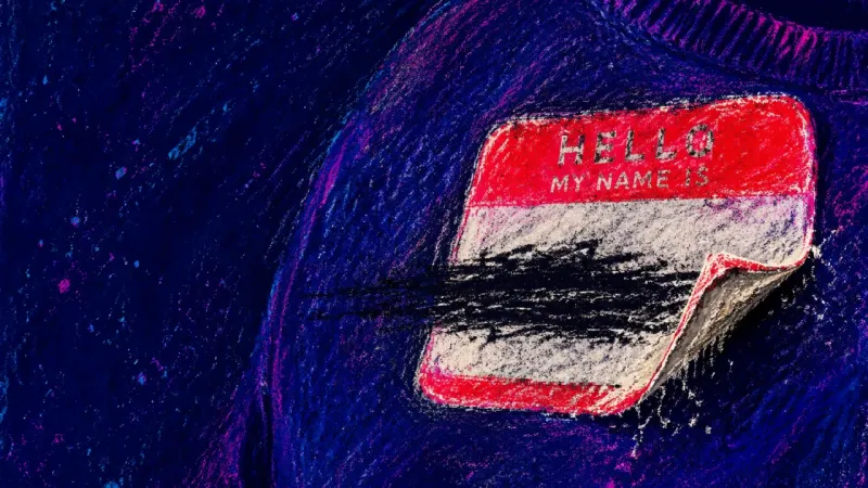 A wrinkled name sticker repeatedly peeled from a sweatshirt, symbolizing panic when a new group 시작s?