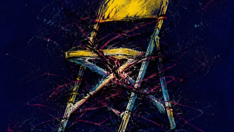 Stalled Entry A folding chair trapped half open, representing the pressure to stay useful and guarded rather than