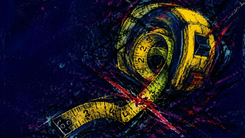 An abstract measuring tape recoiling into a tangled knot, representing shame, self-censorship, and