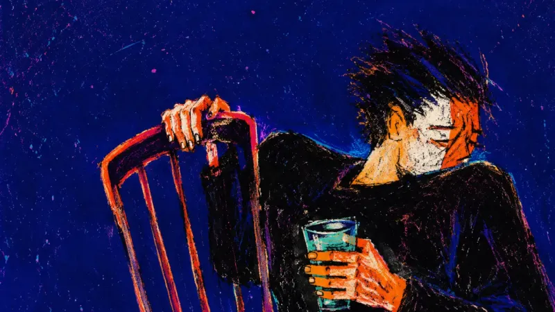 The Held Seat A tense figure half-lifting a chair while clutching a drink, symbolizing social over-management when