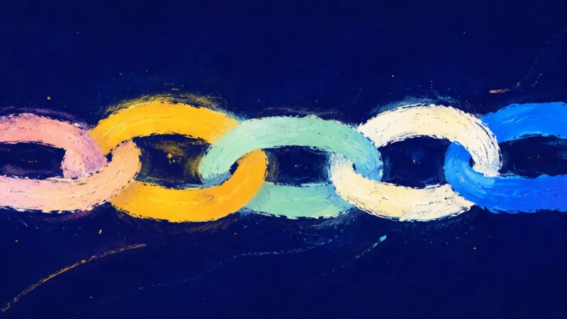 Held in One An abstract chain restored to an open rhythm, representing integrated social selves and a steadier s