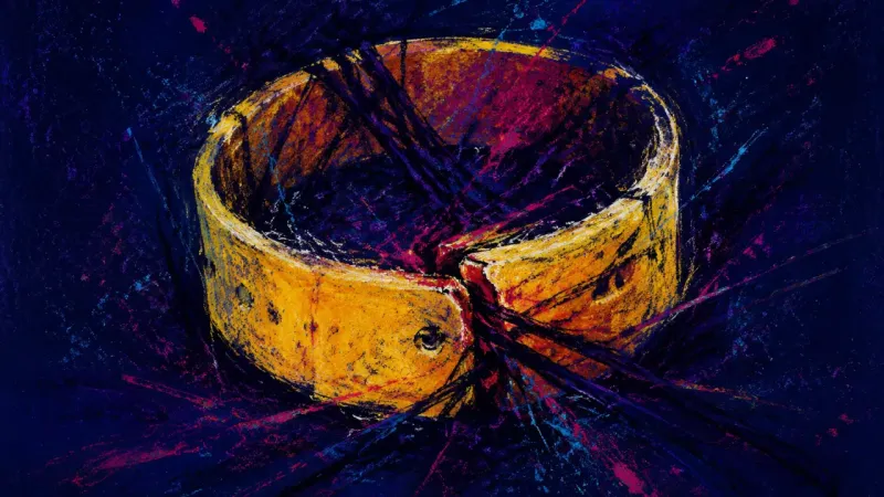 Held Too Long A constricted wristband tangled into a choking loop, symbolizing approval-seeking, boundary guilt,|,