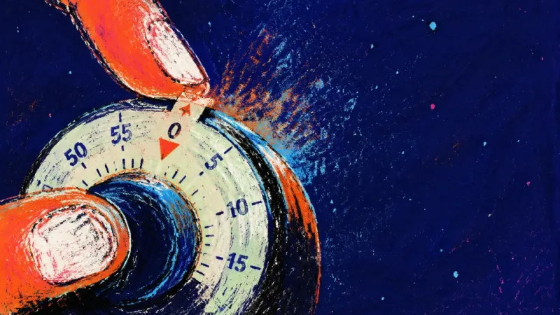 The Deferred Hour Two fingers keep resetting a kitchen timer by a few minutes, symbolizing perfectionism that delays a
