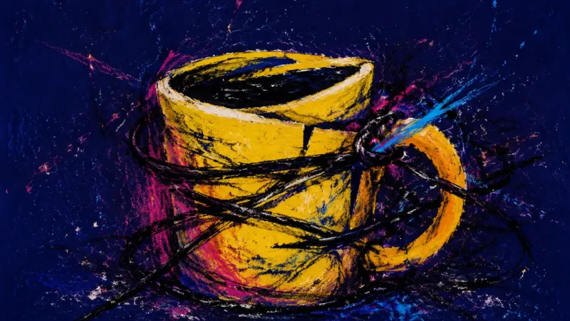 Clenched Vessel A distorted mug trapped in frantic loops, representing the urge to control one more loose end before