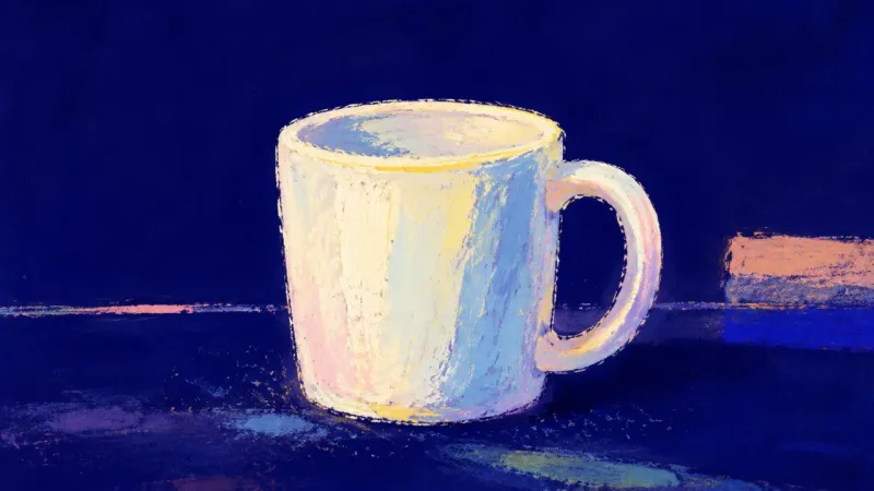 Steady Handoff A restored mug with open contours, representing a calm exit where unfinished chores stay visible בלי