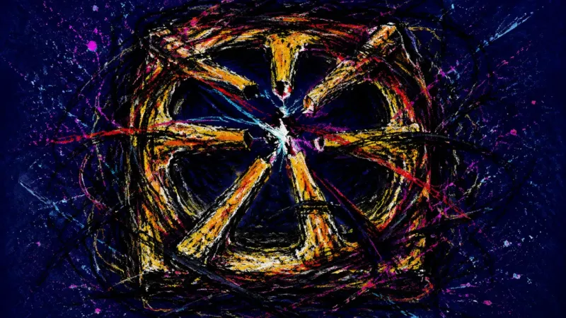 Choked Opening A distorted burner grate choked by tangled lines, representing kitchen overwhelm and all-or-nothing