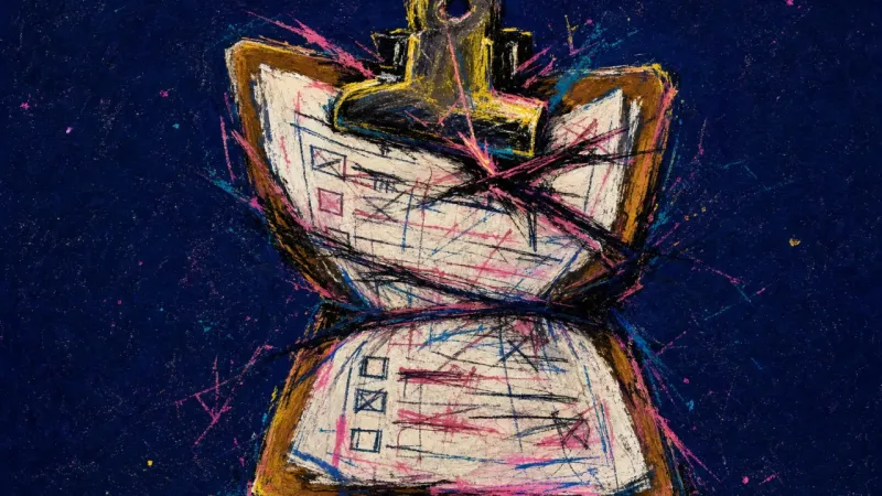 Clamped Into Control A warped clipboard crowded with rewritten boxes and harsh marks, representing perfectionistic self-