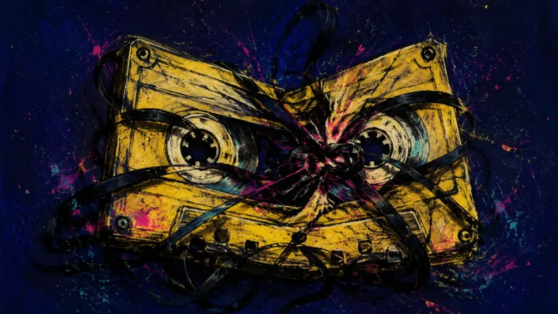 Seized Loop An abstract cassette tangled in its own ribbon, representing after-work shutdown, stalled choices,