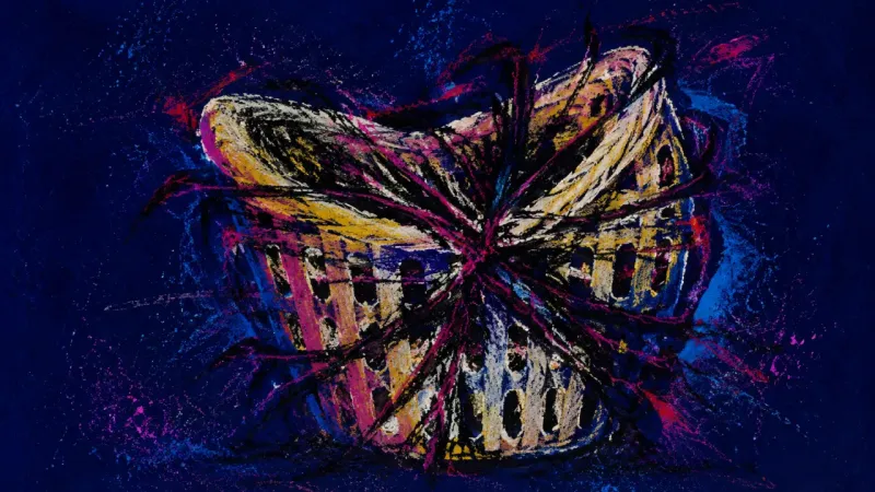 Choked Routine A warped hamper bound by chaotic lines, representing home care that only activates under shame and