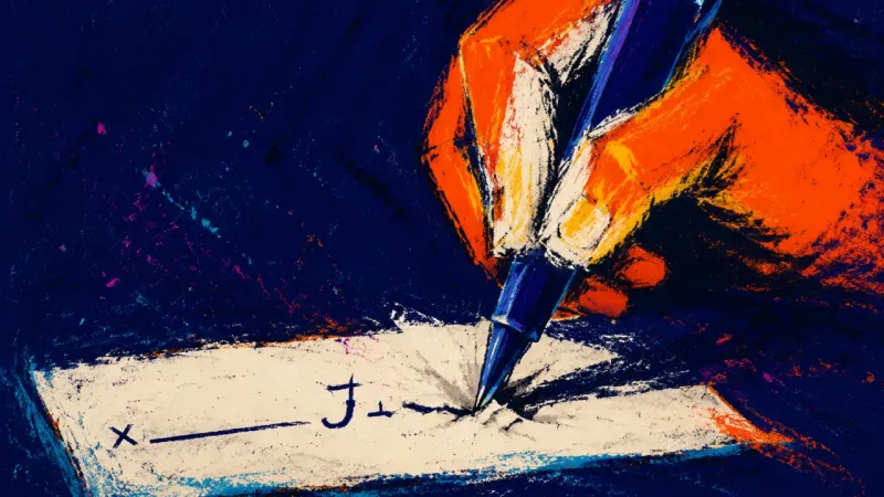 The Unfinished Signature A pen tip pressed into a blank signature line until the paper dents, showing the fear that onechoice