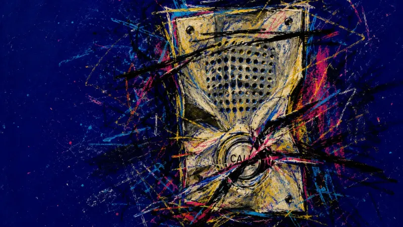 Threshold Static An abstract intercom panel warped by dense marks, representing dating ambiguity, compulsive monitor